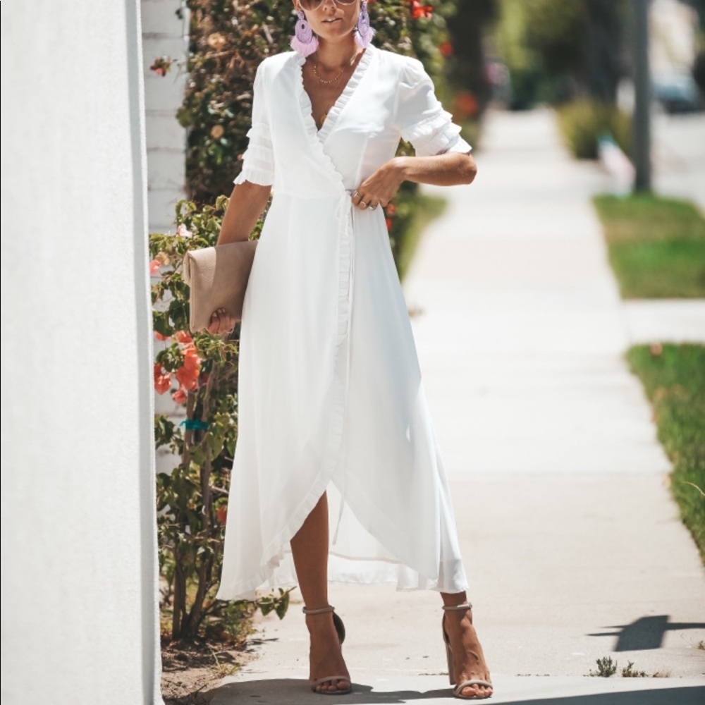 White Vici Midi Ruffle Wrap Dress